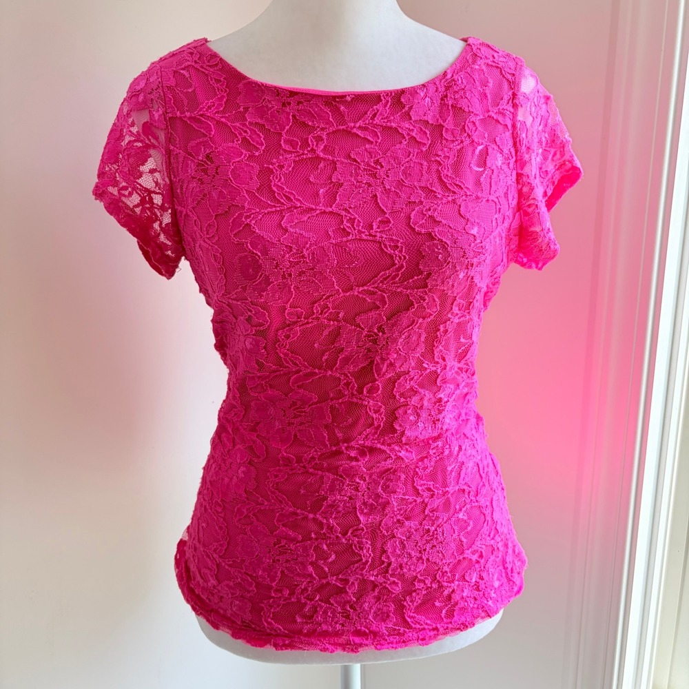 Y2K Lace Top Small Vintage Barbiecore Pink Floral Short Sleeve Scoop Neck Blouse